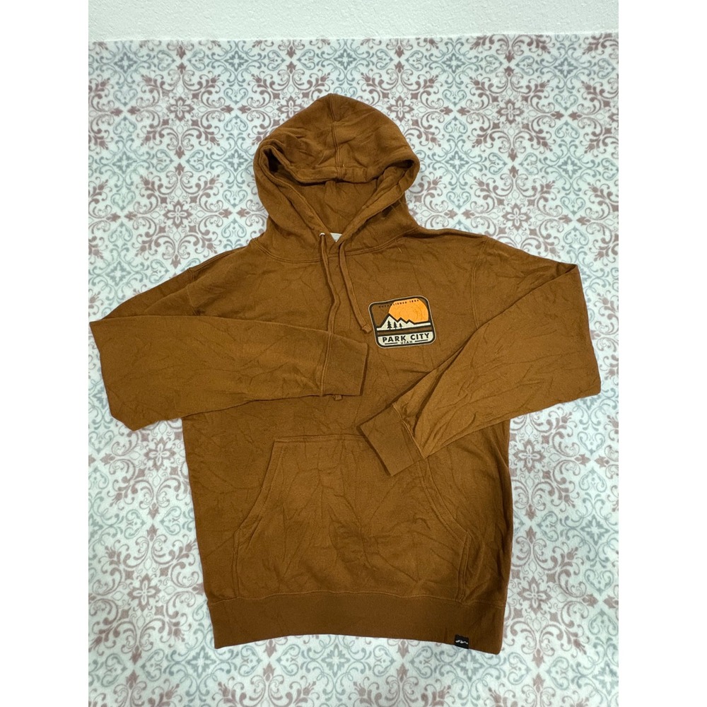 Techstyles Park City Utah Graphic Hoodie Brown Mens Medium Mountain Souvenir